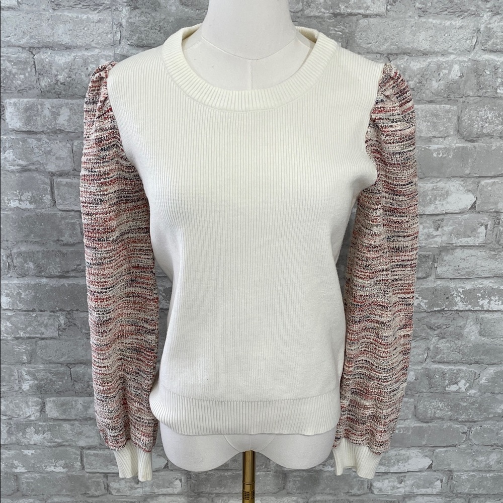 Fate Cream Ribbed Knit Sweater with Textured Sleeves